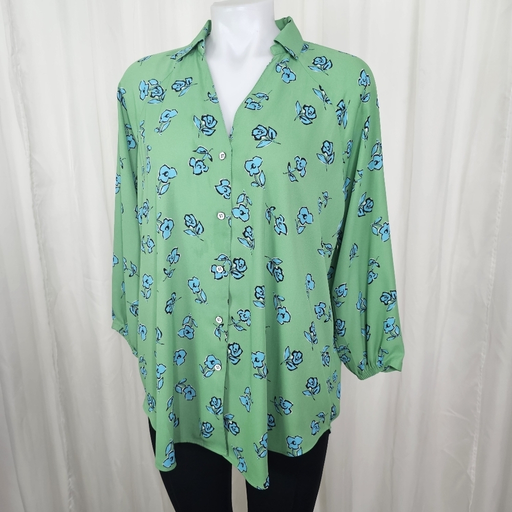 Cabi Go-To Top Sketchbook Floral Green Blue Long Sleeve Button Down Oversize Sm